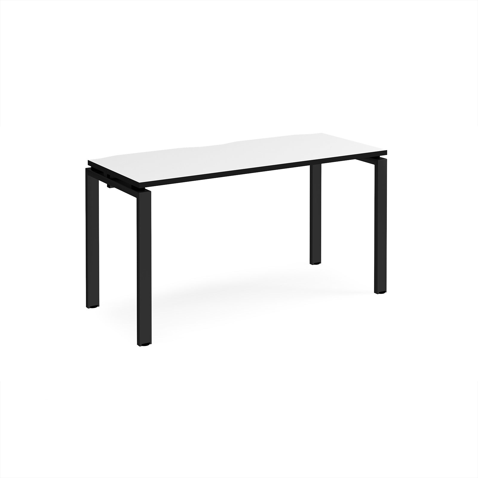 Rectangular desk with white top with black edges and black metal frame on a white background