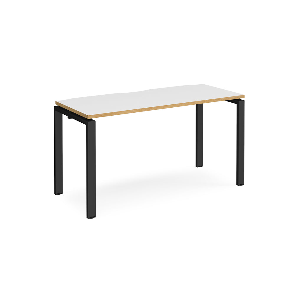 Rectangular desk with white top with wood edges and black metal frame on a white background