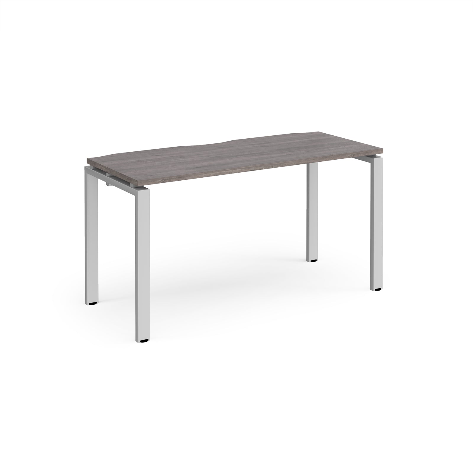 Rectangular desk with grey wood-effect top with silver metal frame on a white background