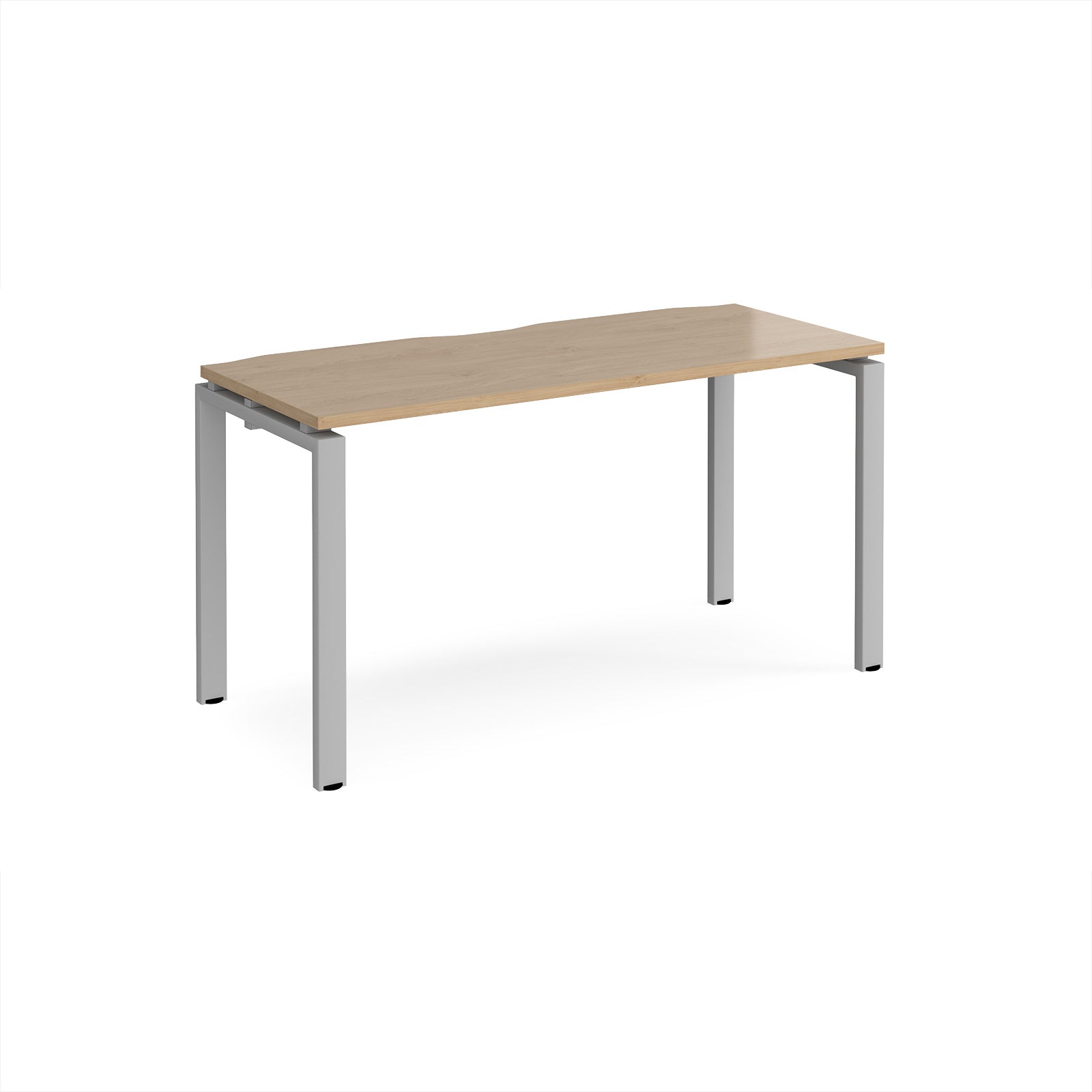 Rectangular desk with wood-effect top with silver metal frame on a white background
