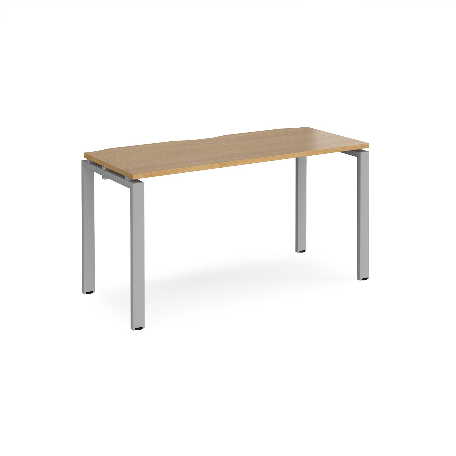 Rectangular desk with wood-effect top with silver metal frame on a white background