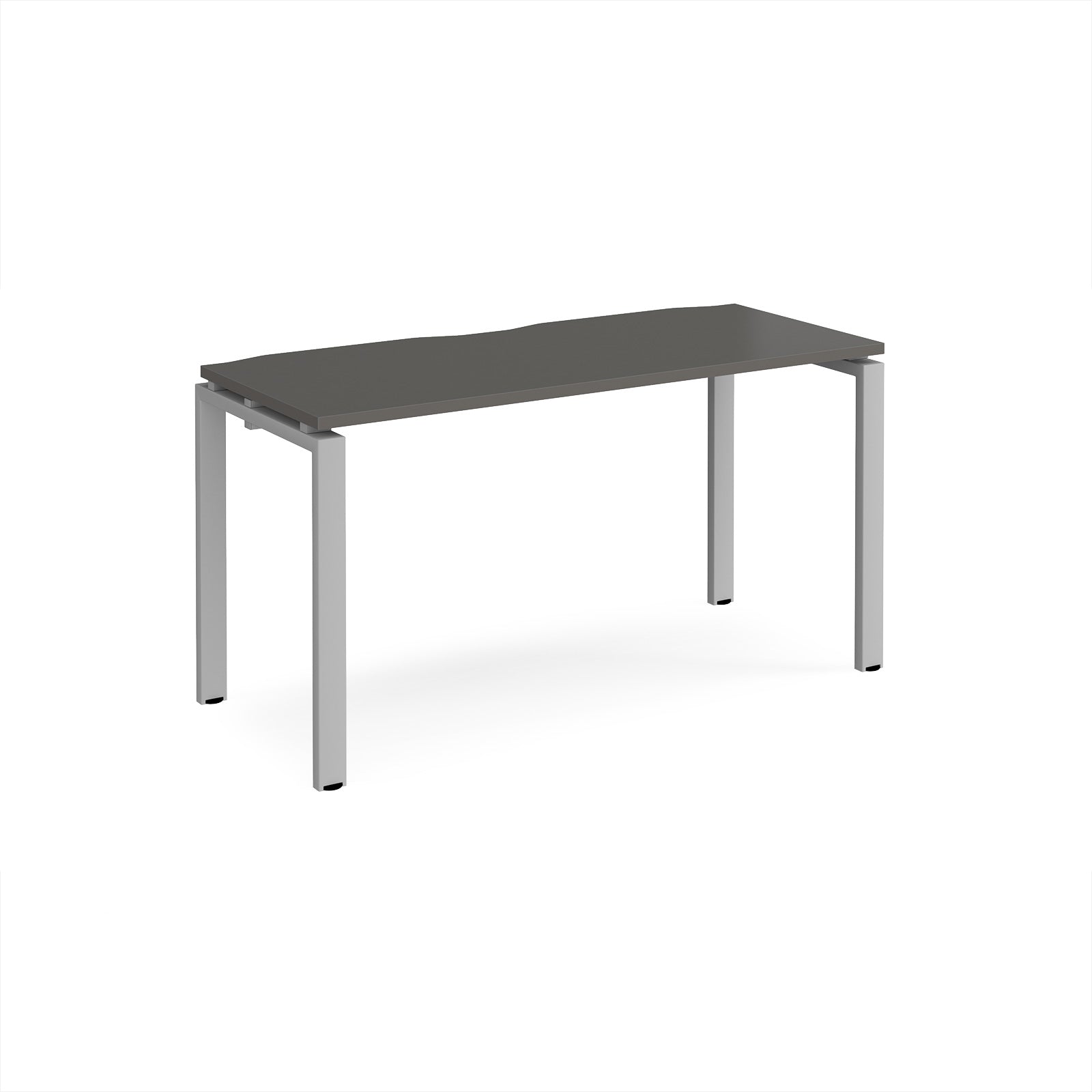 Rectangular desk with grey top with silver metal frame on a white background
