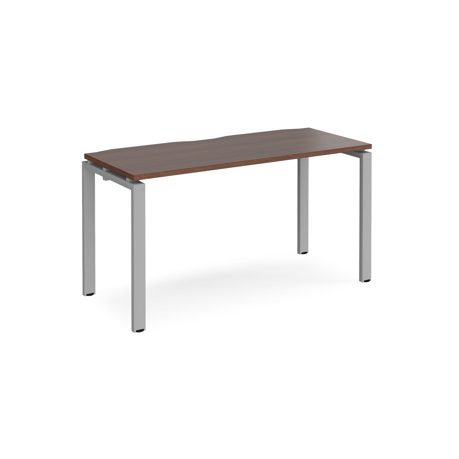 Rectangular desk with wood-effect top with silver metal frame on a white background