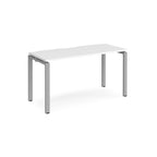 Rectangular desk with white top with silver metal frame on a white background