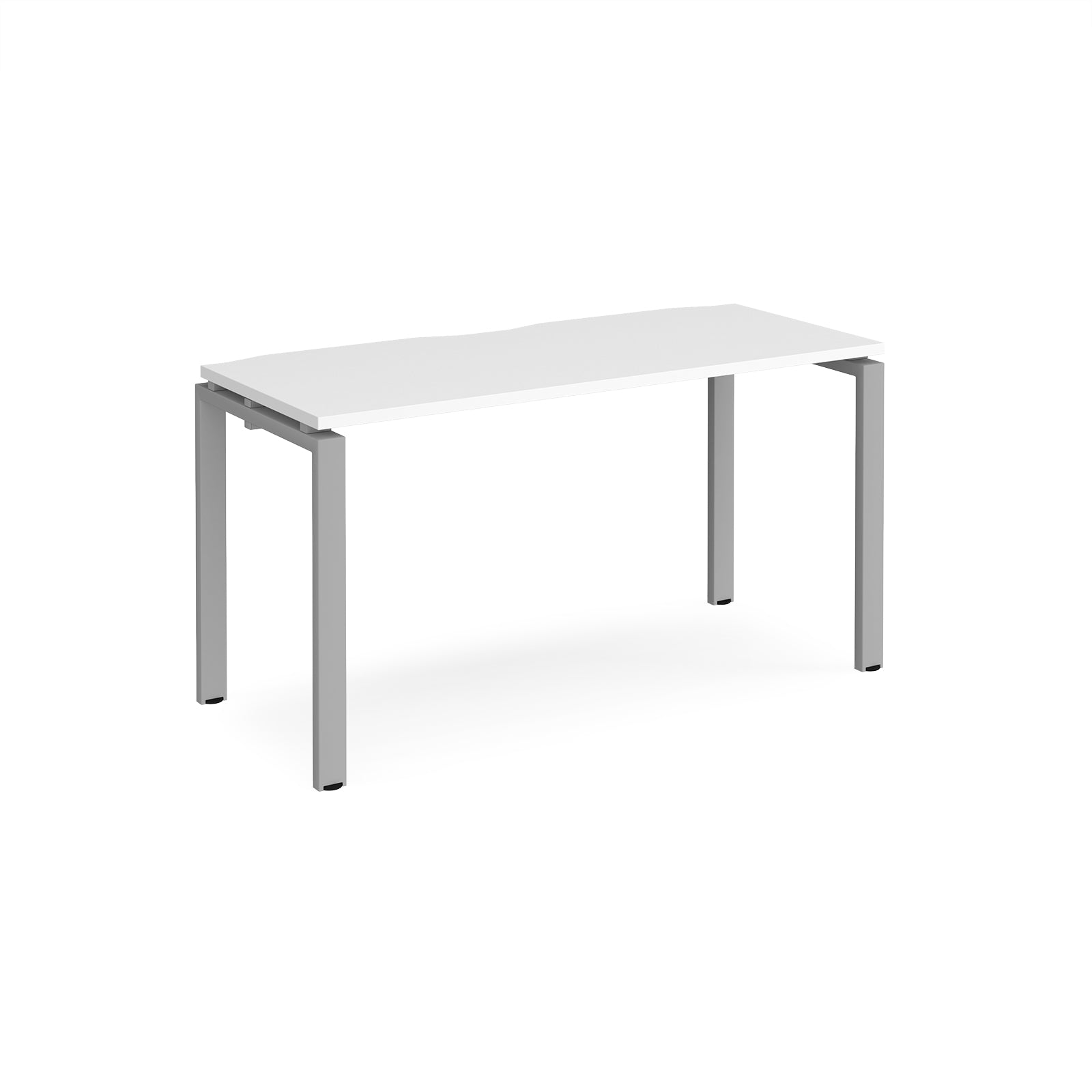 Rectangular desk with white top with silver metal frame on a white background