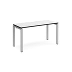 Rectangular desk with white top and black edges with silver metal frame on a white background