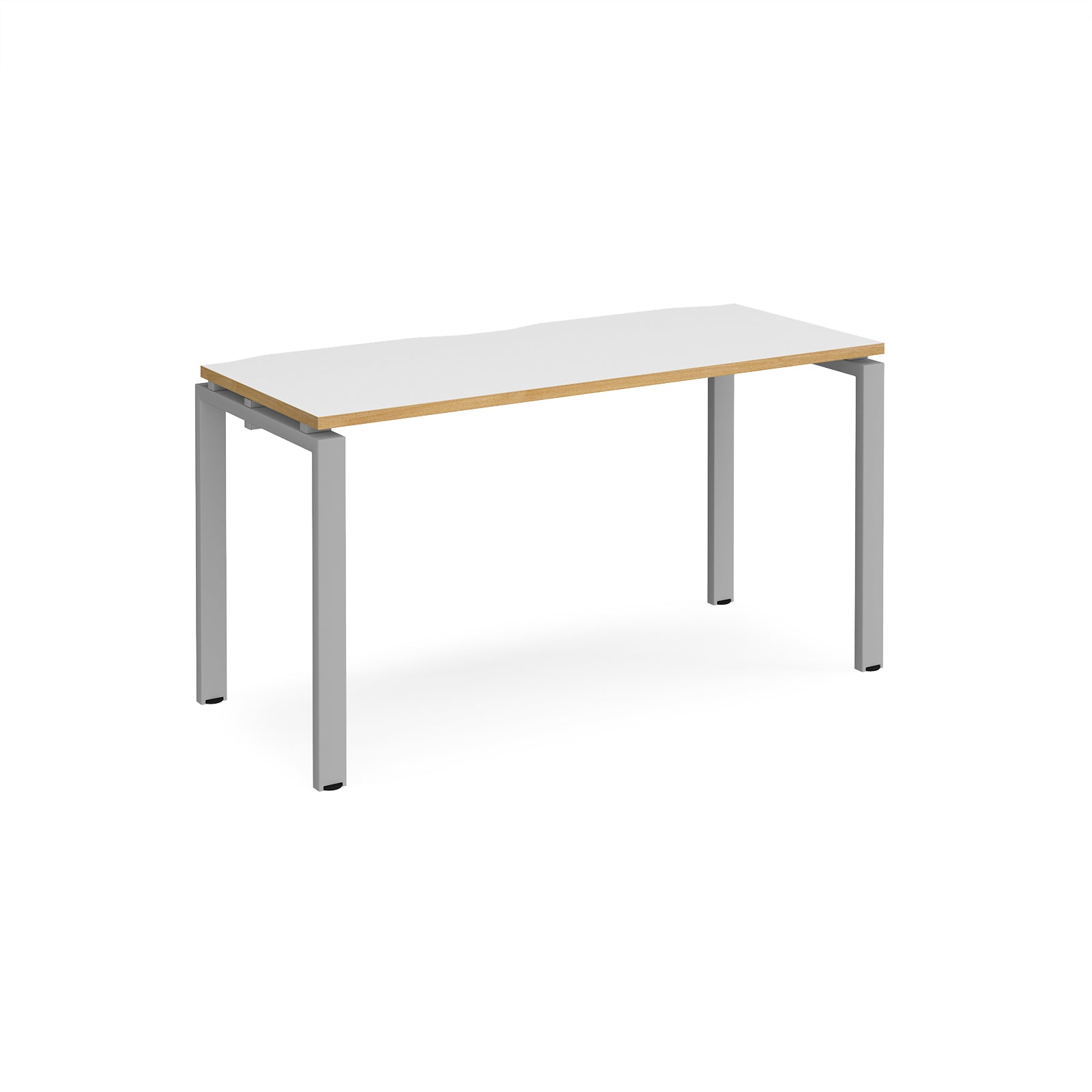 Rectangular table with white top and wooden edge with silver metal frame on a white background