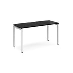 Rectangular desk with black top with white metal frame on a white background