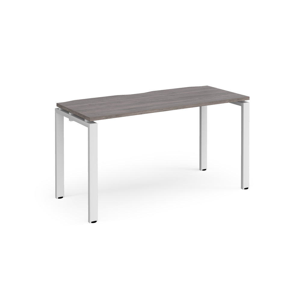 Rectangular desk with grey wood-effect top with white metal frame on a white background