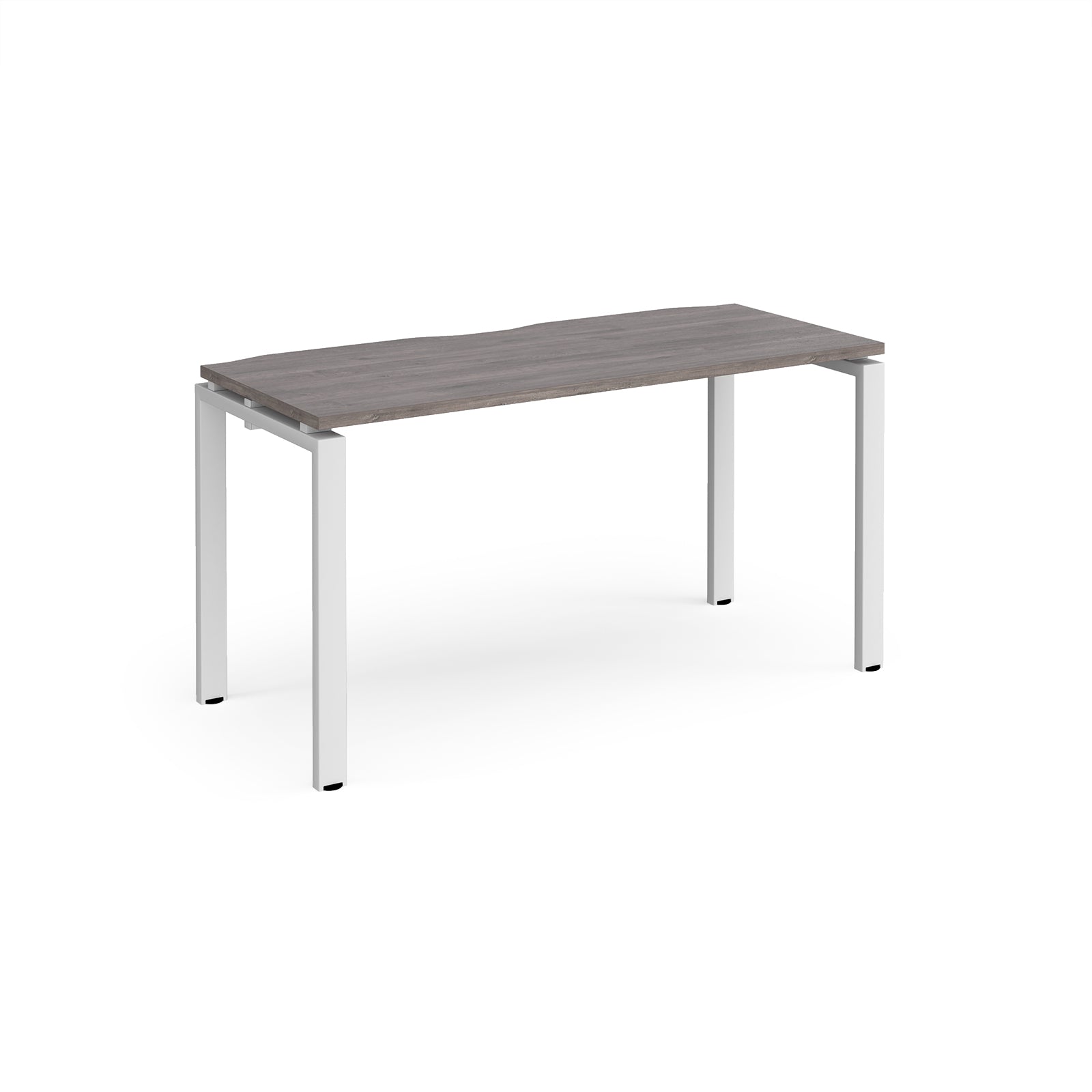 Rectangular desk with grey wood-effect top with white metal frame on a white background