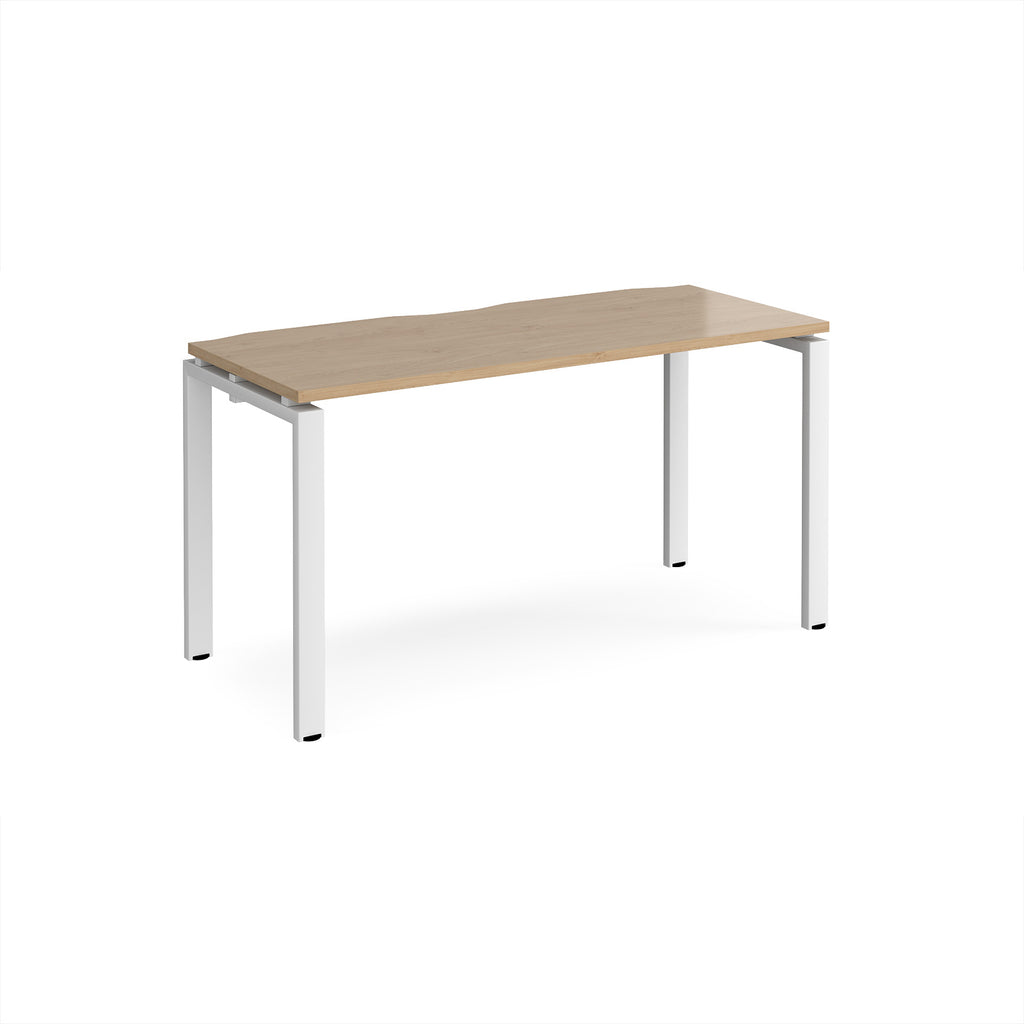 Rectangular desk with wood-effect top with white metal frame on a white background