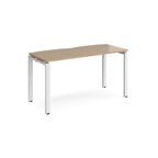 Rectangular desk with wood-effect top with white metal frame on a white background