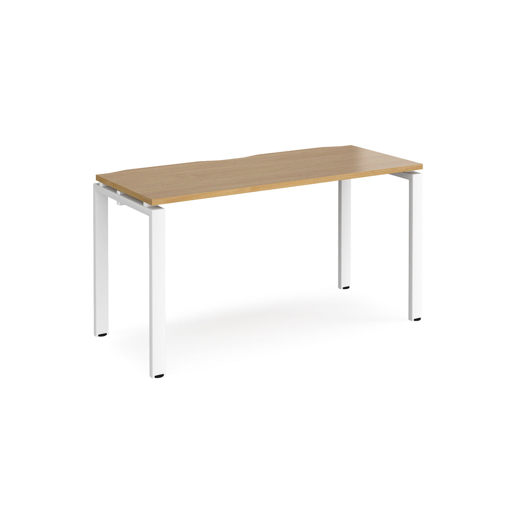 Rectangular desk with wood-effect top with white metal frame on a white background