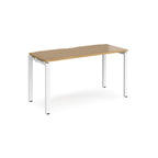 Rectangular desk with wood-effect top with white metal frame on a white background
