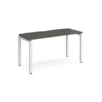 Rectangular desk with grey top with white metal frame on a white background