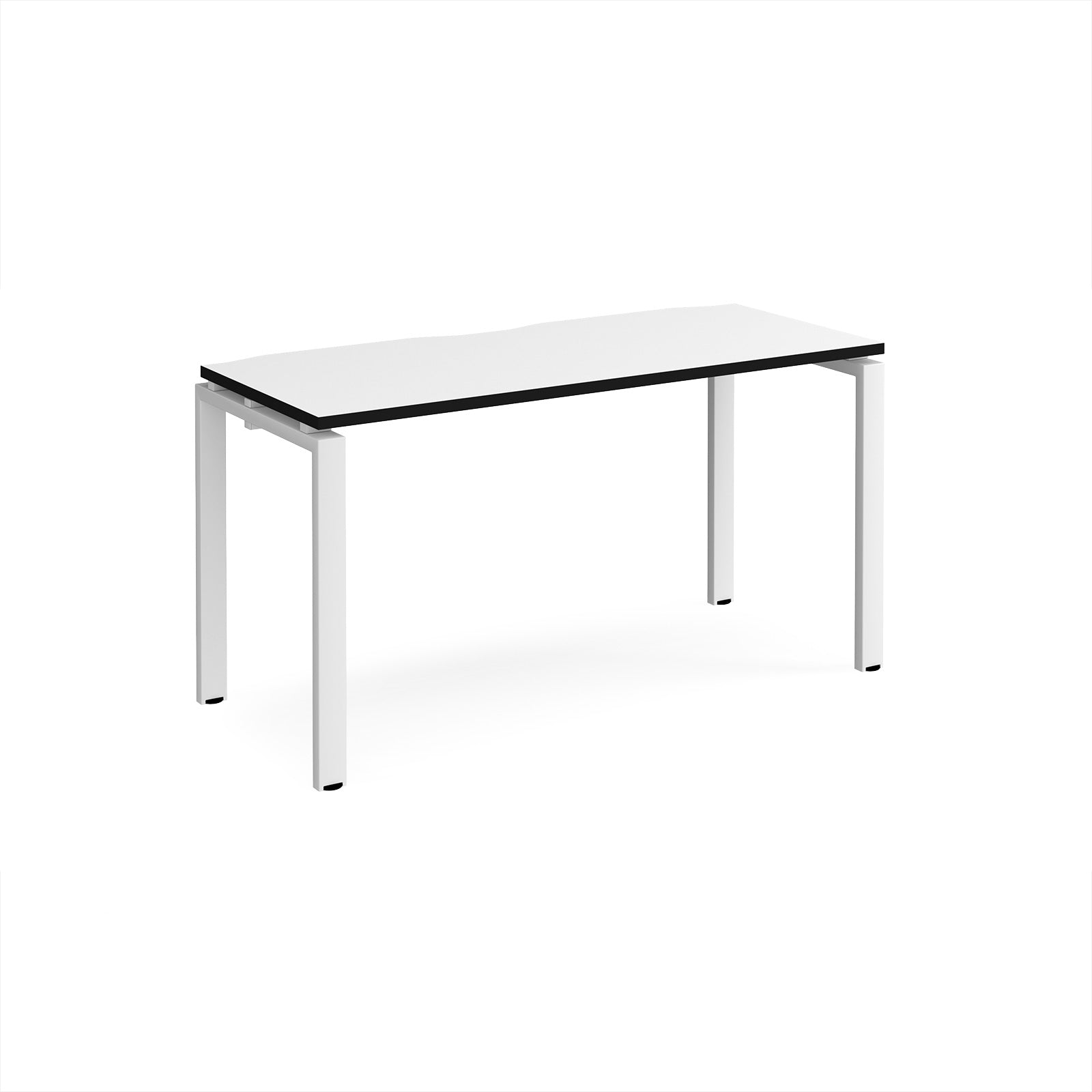 Rectangular desk with white top with black edges and white metal frame on a white background
