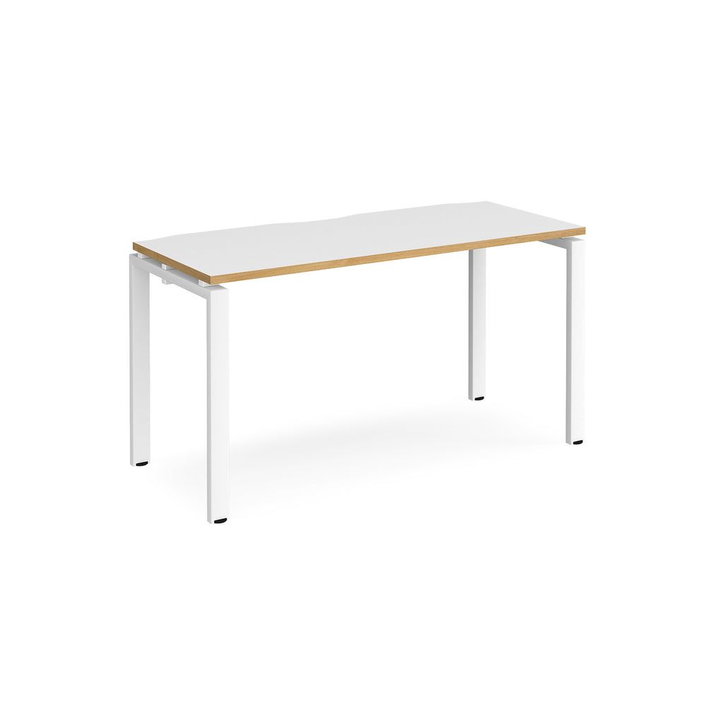 Rectangular desk with white top with wood edges and white metal frame on a white background