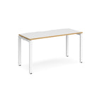 Rectangular desk with white top with wood edges and white metal frame on a white background