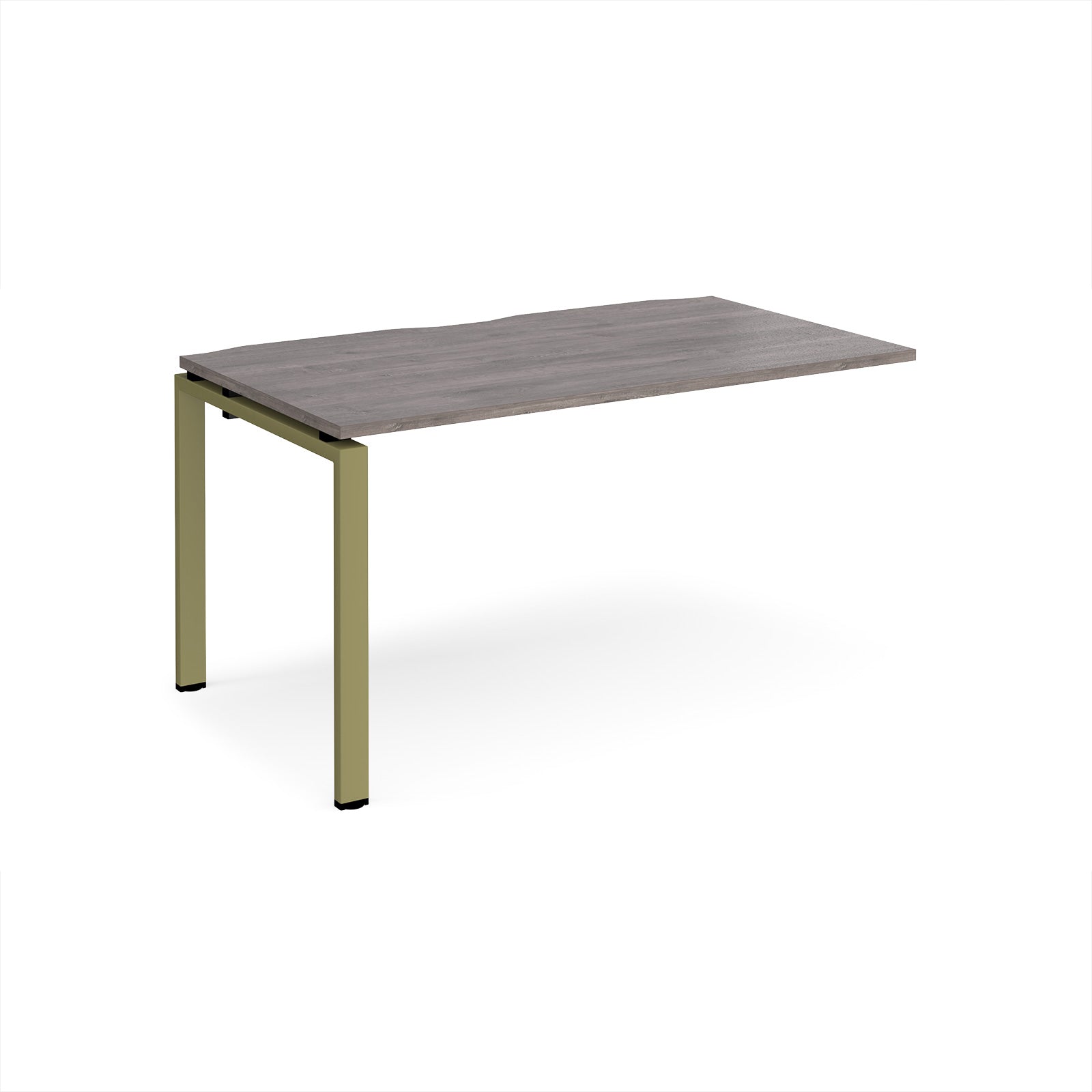Desk add-on unit with grey wood-effect top and green metal frame on a white background