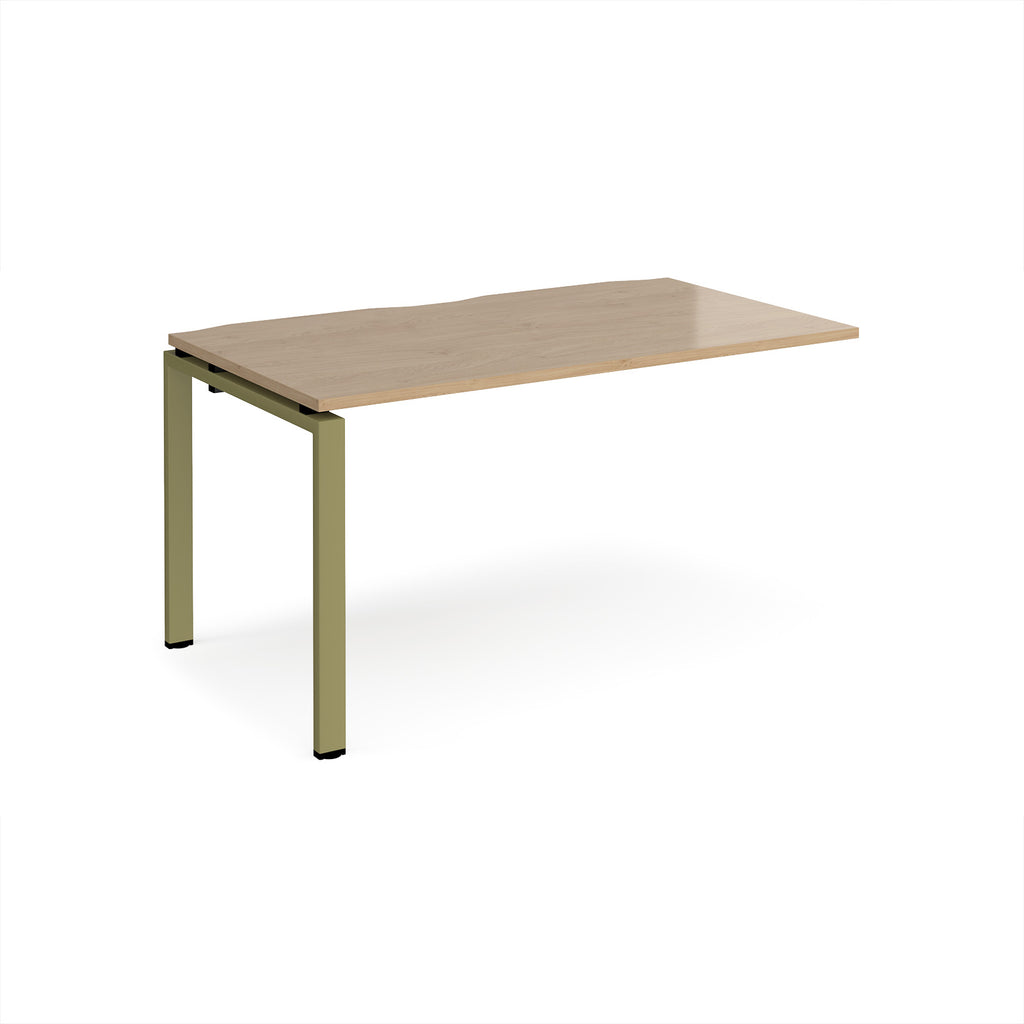 Desk add-on unit with wood-effect top and green metal frame on a white background