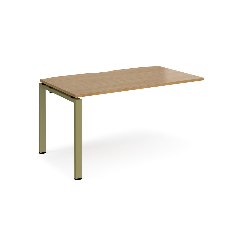 Desk add-on unit with wood-effect top and green metal frame on a white background