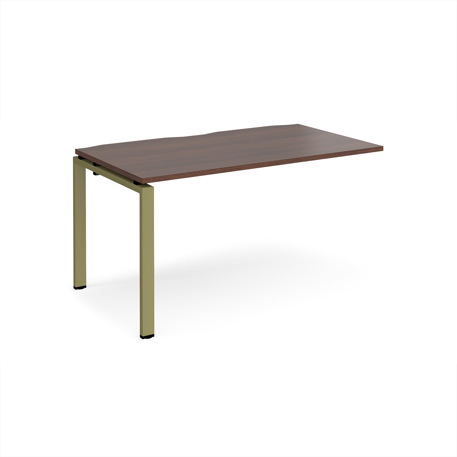 Desk add-on unit with wood-effect top and green metal frame on a white background