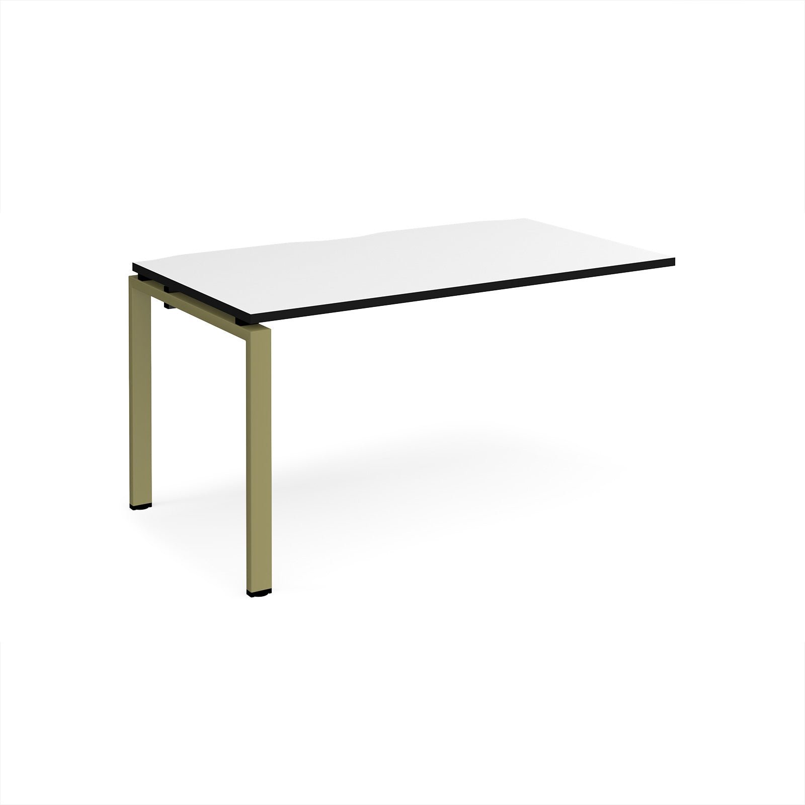 Desk add-on unit with white top with black edge and green metal frame on a white background