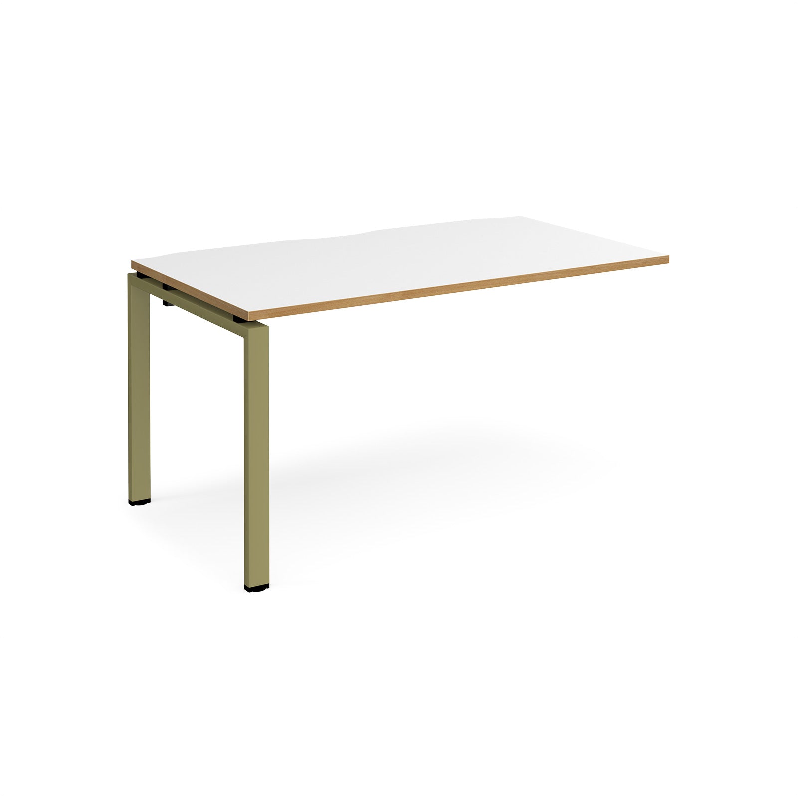 Desk add-on unit with white top with wooden edge and green metal frame on a white background