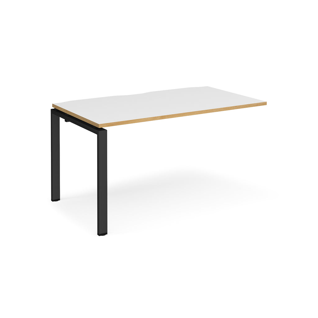 Desk add-on unit with white top with wooden edge and black metal frame on a white background