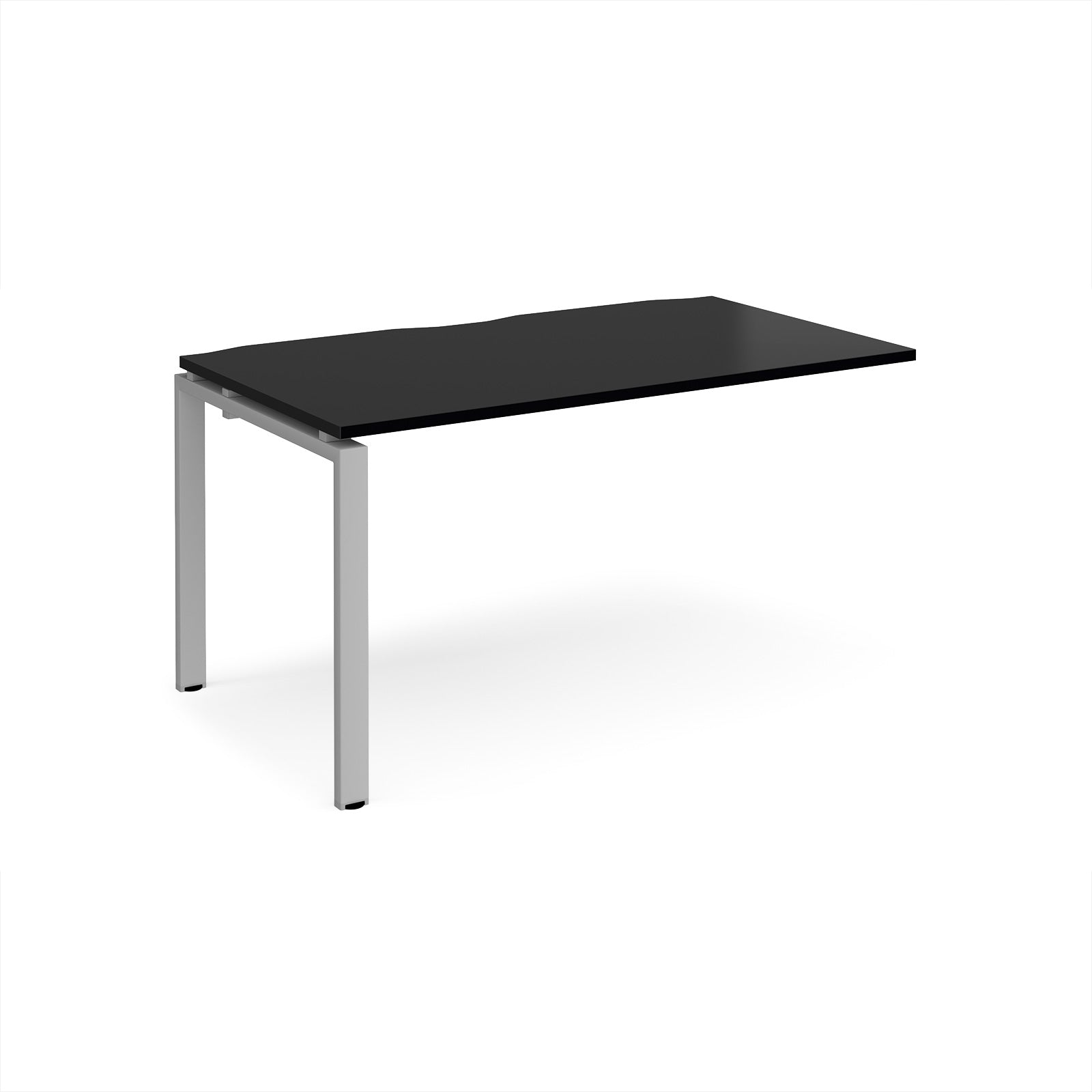 Desk add-on unit with black top and silver metal frame on a white background