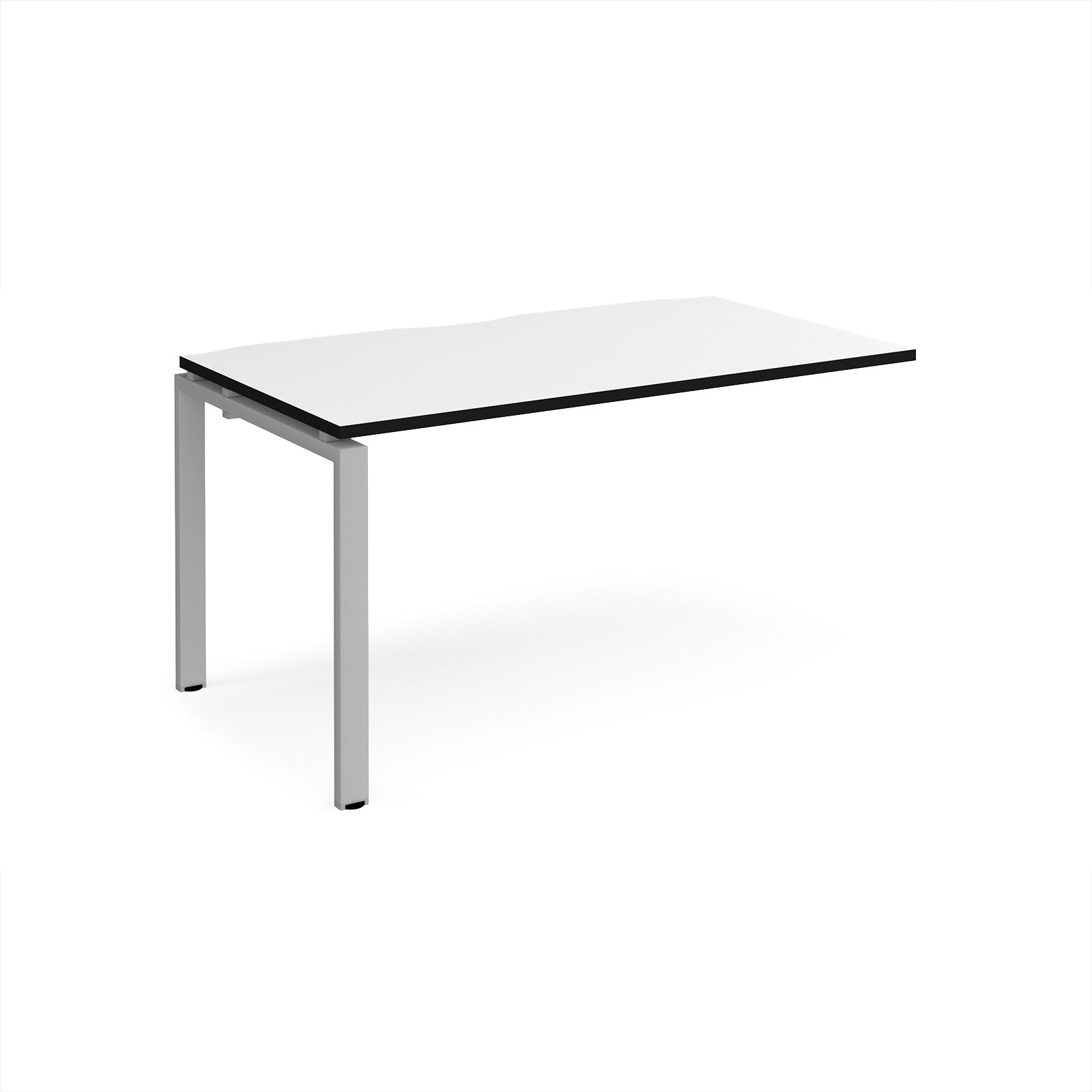 Desk add-on unit with white top with black edge and silver metal frame on a white background