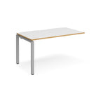 Desk add-on unit with white top with wooden edge and silver metal frame on a white background