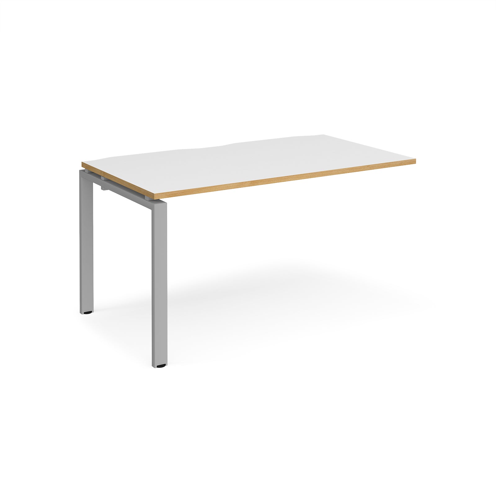 Desk add-on unit with white top with wooden edge and silver metal frame on a white background