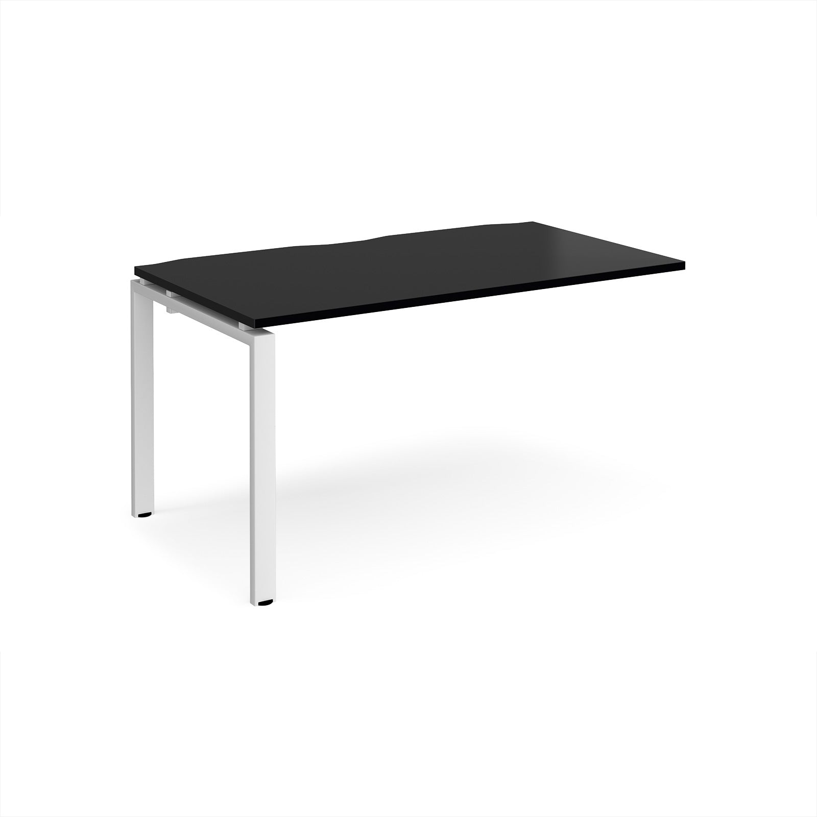 Desk add-on unit with black top and white metal frame on a white background