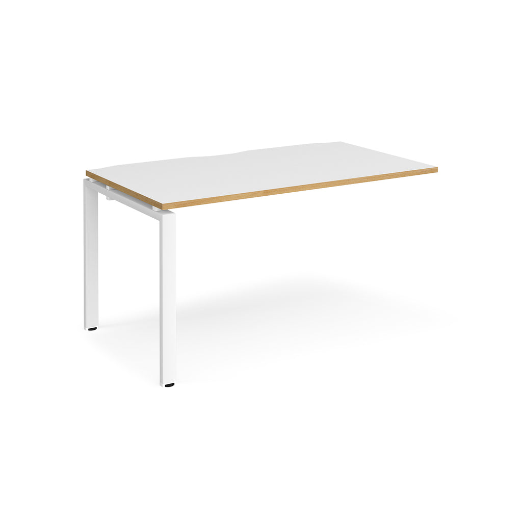 Desk add-on unit with white top with wooden edge and white metal frame on a white background