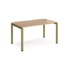 Rectangular desk with wood-effect top and green metal frame on a white background