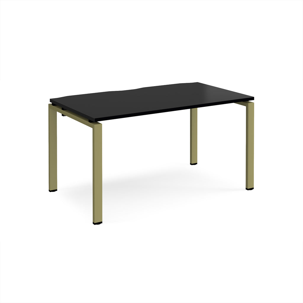 Rectangular desk with black top and green metal frame on a white background