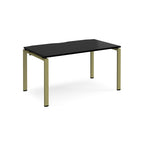 Rectangular desk with black top and green metal frame on a white background