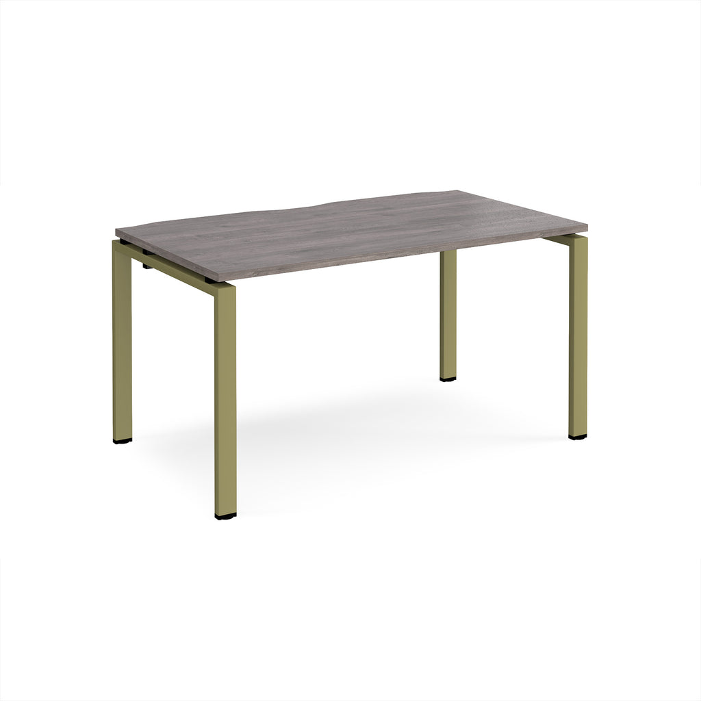 Rectangular desk with grey wood-effect top and green metal frame on a white background
