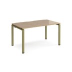 Rectangular desk with wood-effect top and green metal frame on a white background