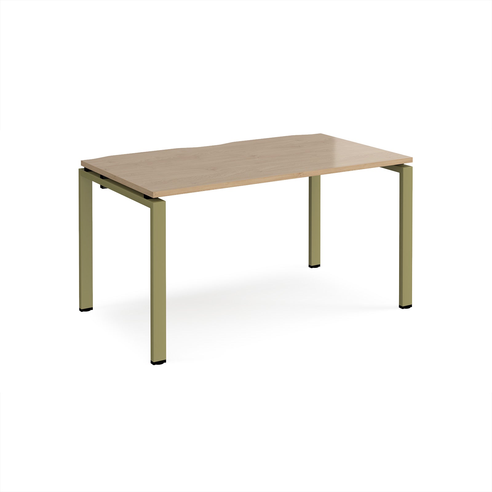 Rectangular desk with wood-effect top and green metal frame on a white background