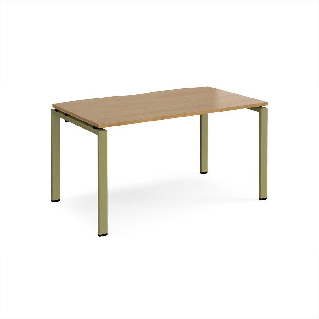 Rectangular desk with wood-effect top and green metal frame on a white background