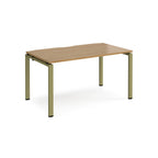 Rectangular desk with wood-effect top and green metal frame on a white background