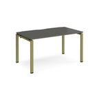 Rectangular desk with grey top and green metal frame on a white background