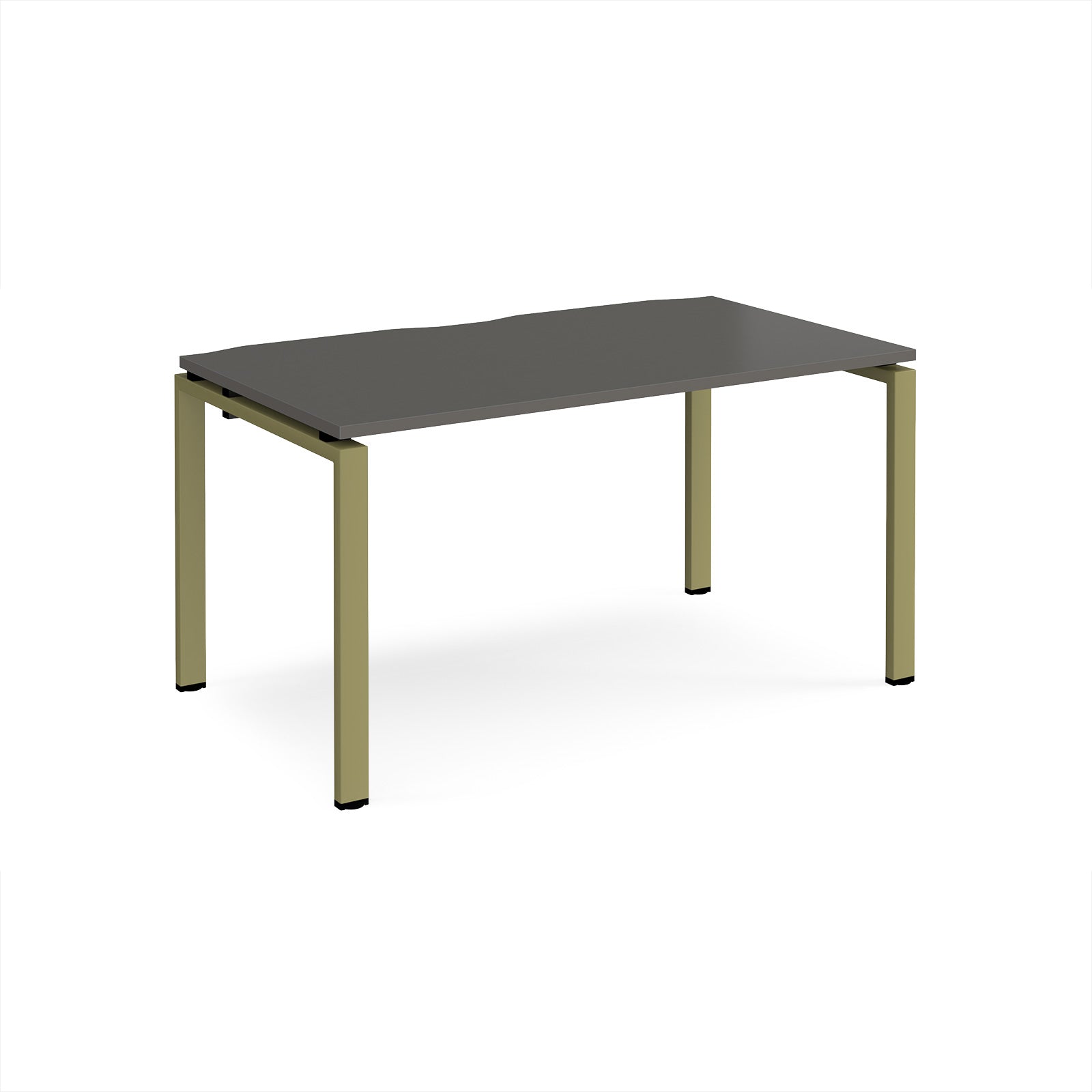 Rectangular desk with grey top and green metal frame on a white background