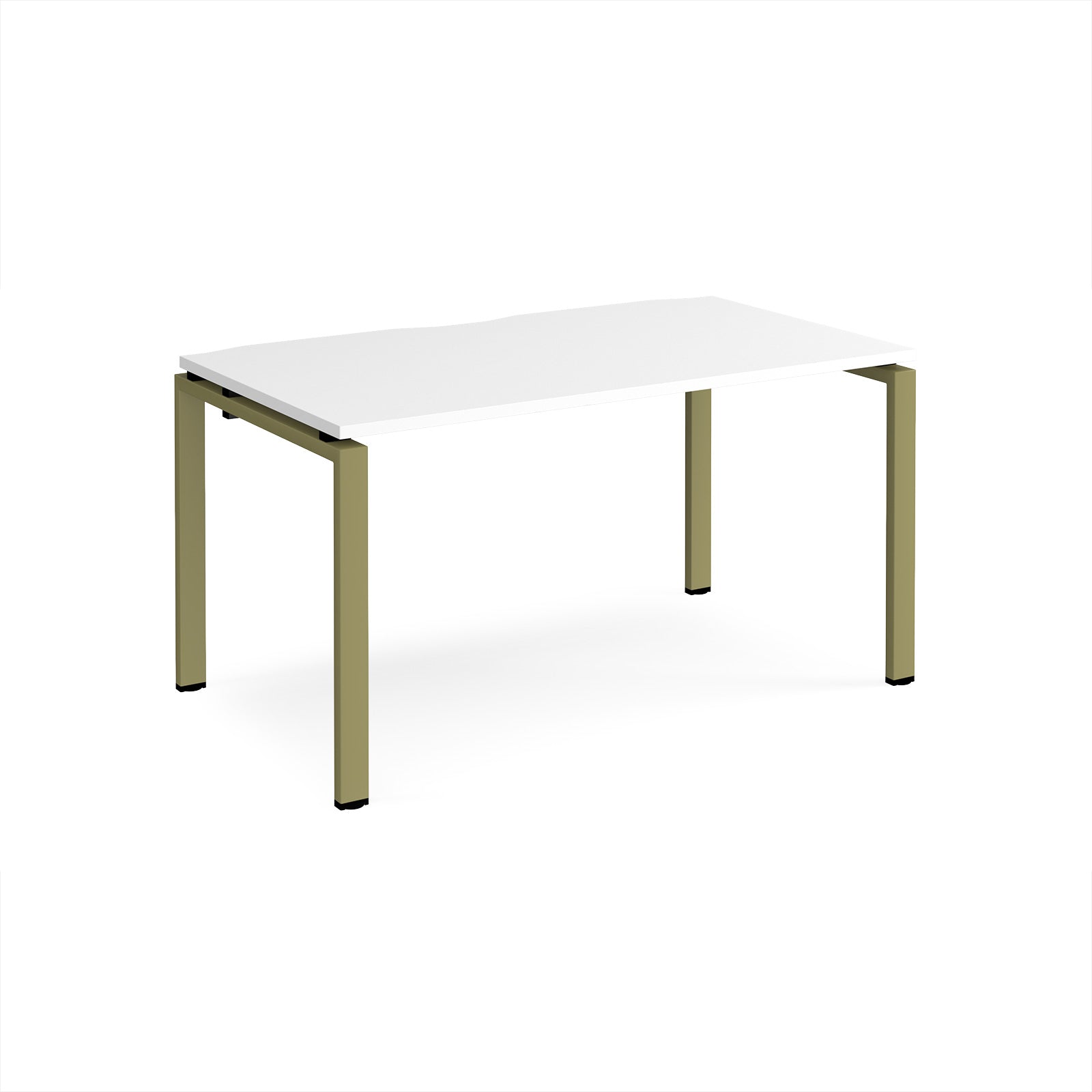 Rectangular desk with white top and green metal frame on a white background