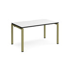 Rectangular desk with white top and black sides with green metal frame on a white background