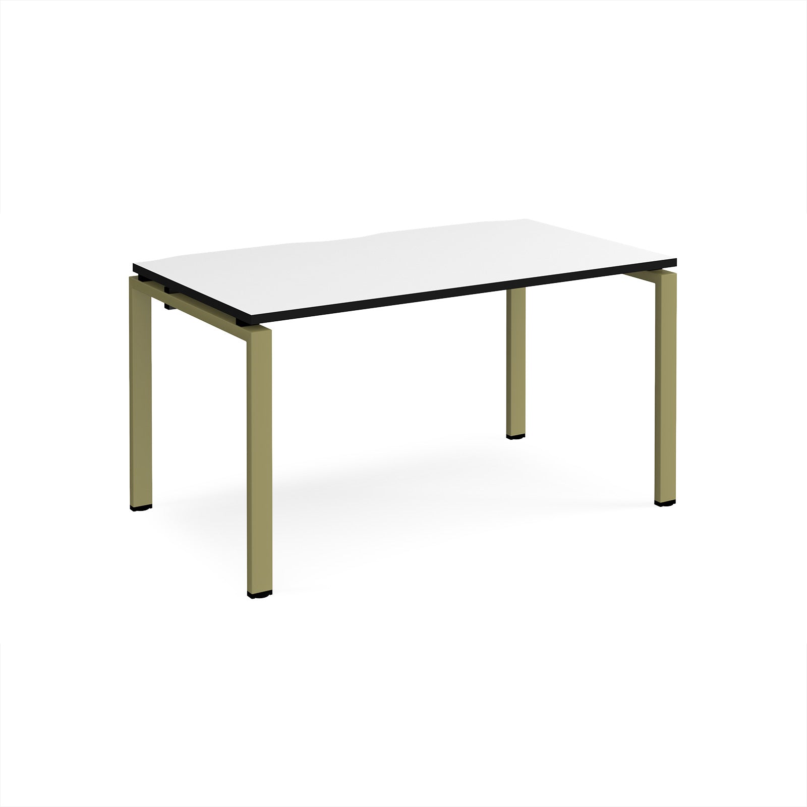 Rectangular desk with white top and black sides with green metal frame on a white background