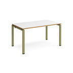 Rectangular desk with white top with wood edges and green metal frame on a white background