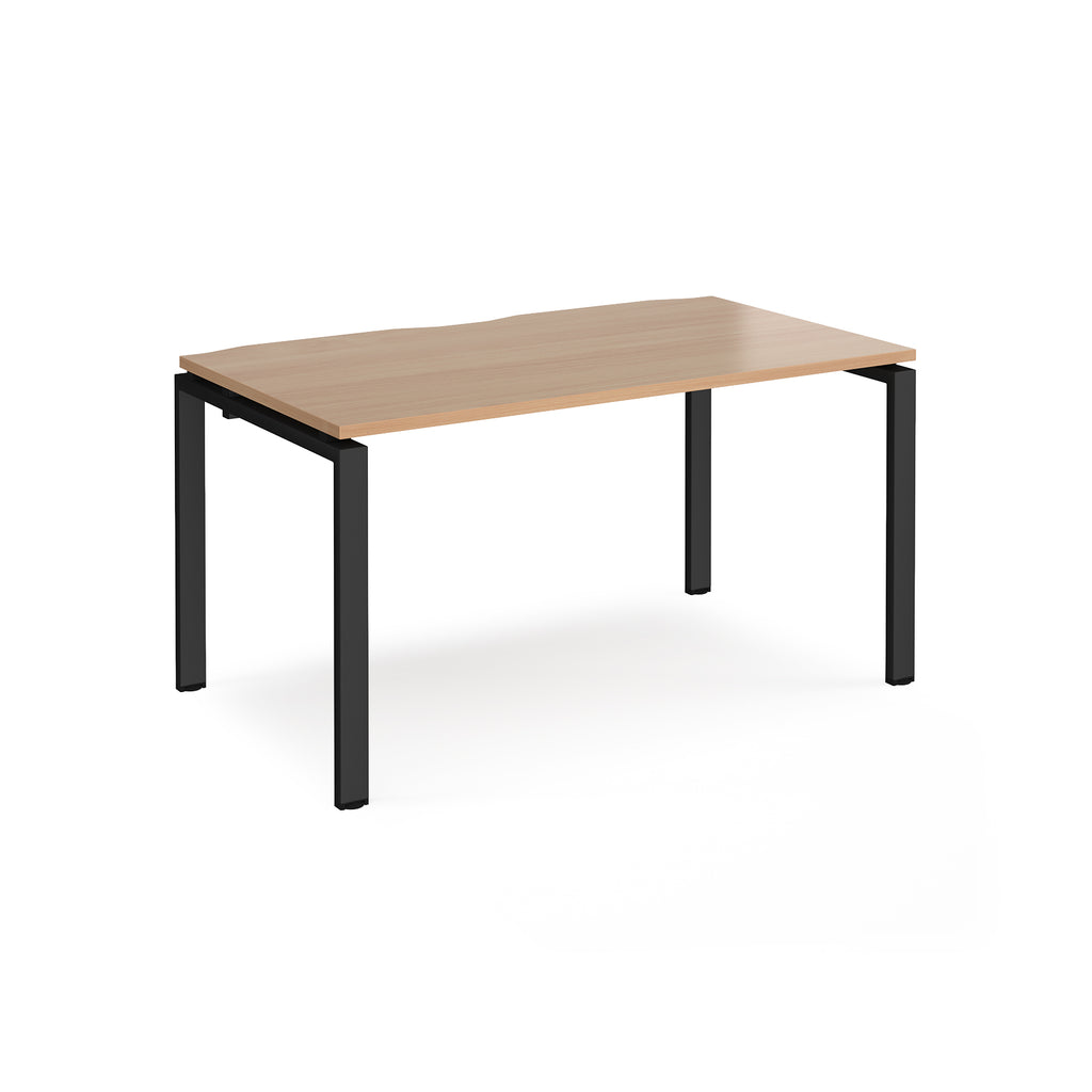Rectangular desk with wood-effect top and black metal frame on a white background
